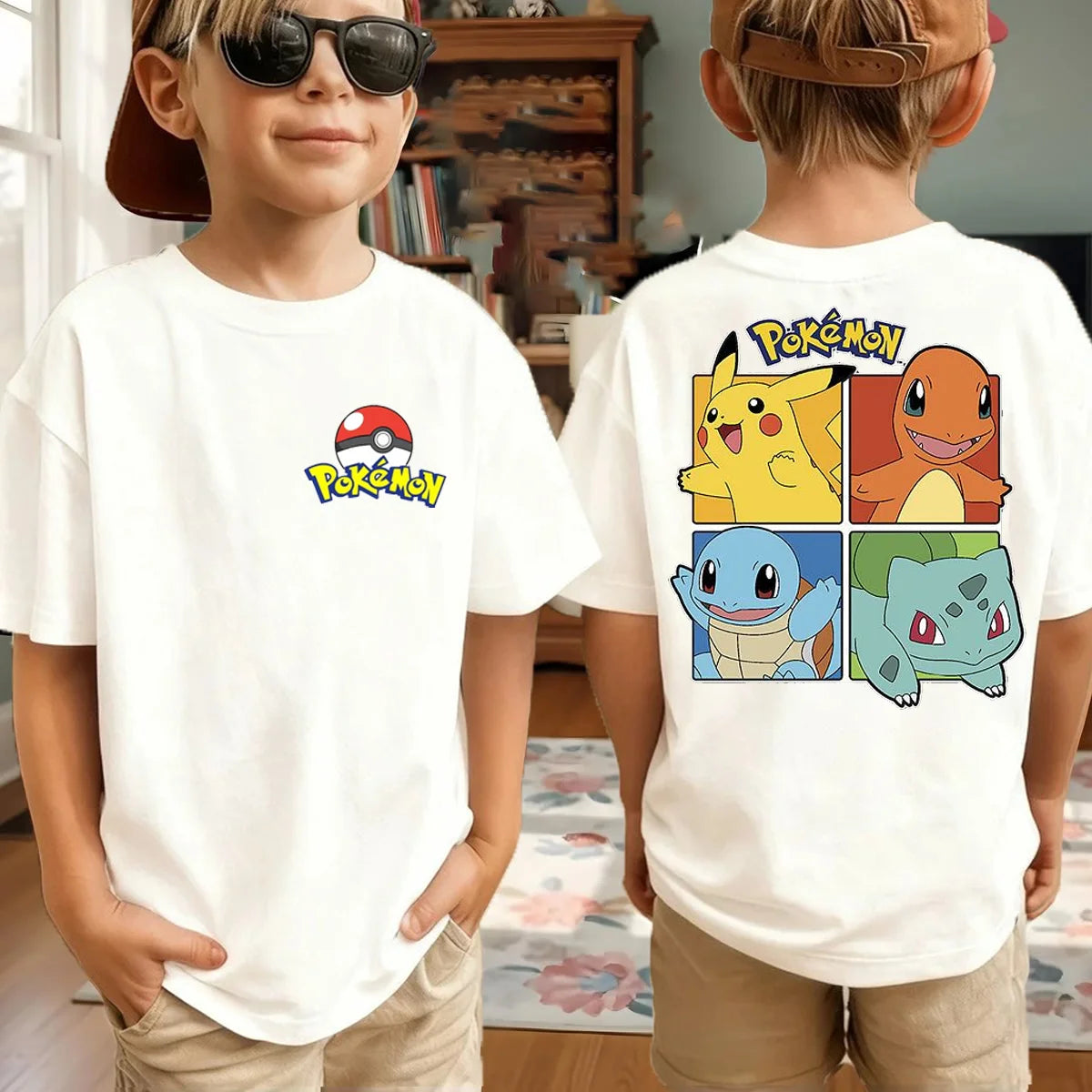 Summer Anime Pokémon Cosplay T-Shirt Cotton Short Sleeve Tops Casual Loose Retro T-Shirt Men Women Kids Family Matching Outfits
