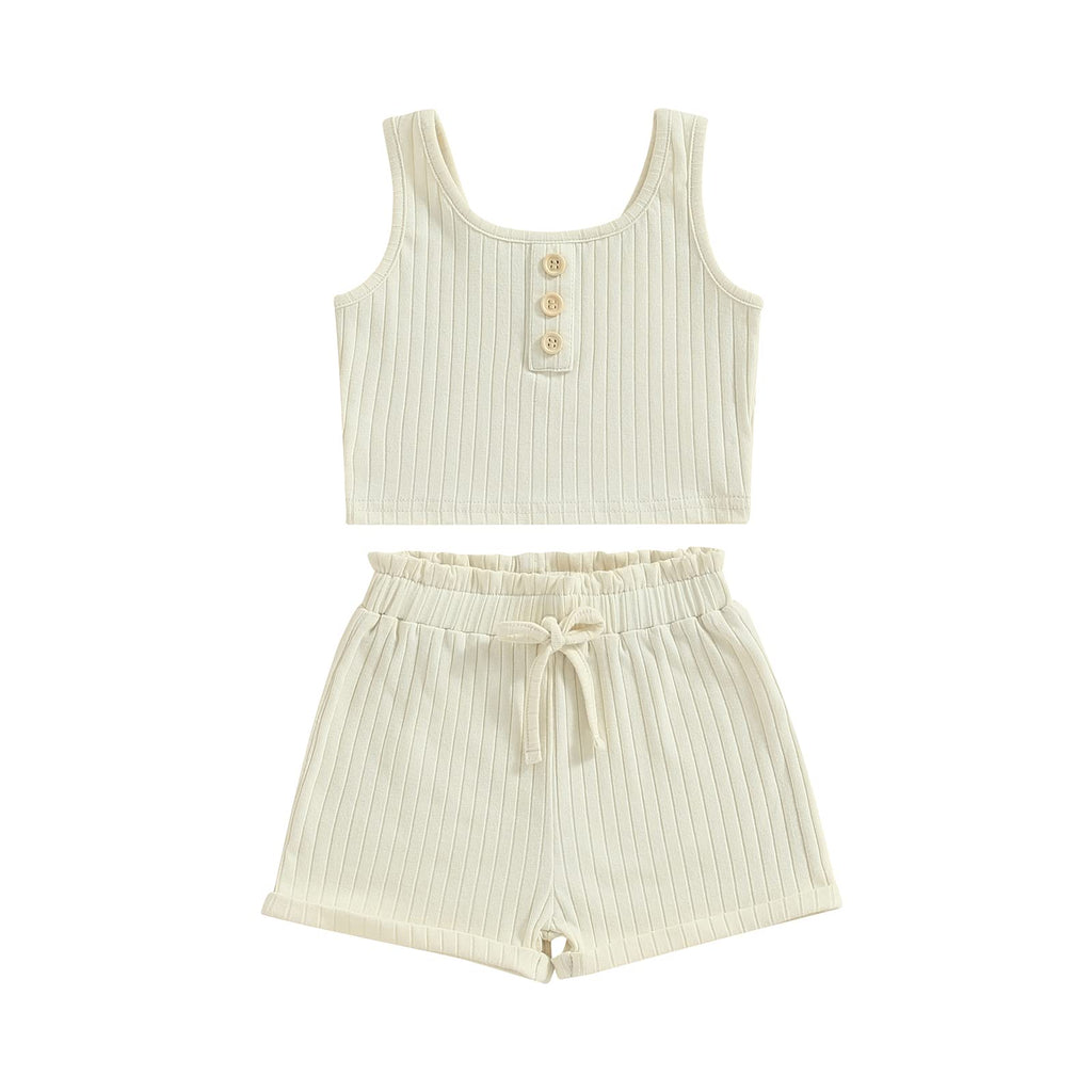 Ledy Champswiin Toddler Girl Summer Outfits Baby Ribbed Clothes Set Solid Color Button Tank Tops+Drawstring Shorts (White 2-3 Years)