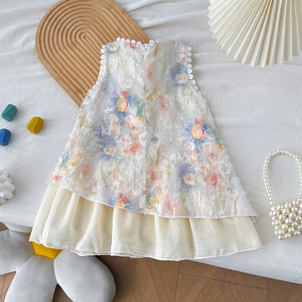 Girls Sleeveless Tulip Print Dress with Bow – Soft Cotton Summer Dress for Ages 3-7, Sweet Princess Outfit Kids Dress