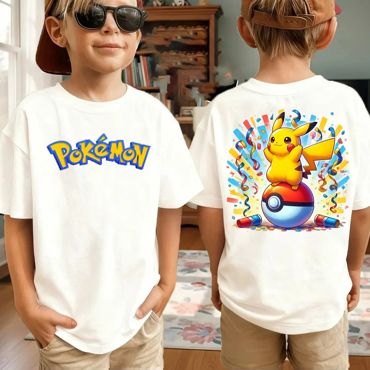 Summer Anime Pokémon Cosplay T-Shirt Cotton Short Sleeve Tops Casual Loose Retro T-Shirt Men Women Kids Family Matching Outfits