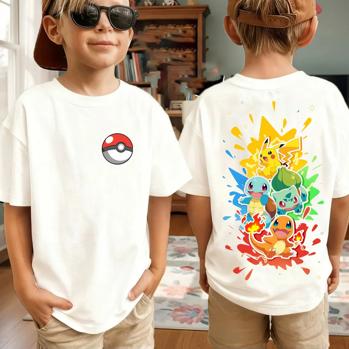 Summer Anime Pokémon Cosplay T-Shirt Cotton Short Sleeve Tops Casual Loose Retro T-Shirt Men Women Kids Family Matching Outfits