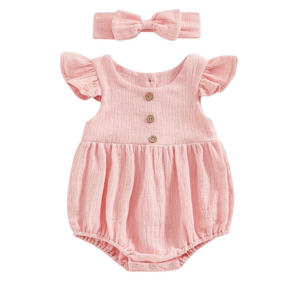 Baby Girl Outfits Newborn Cotton Linen Romper Toddler Summer Onesie Clothes Vintage Infant Ruffle Bodysuit (A Pink 6-12 Months)