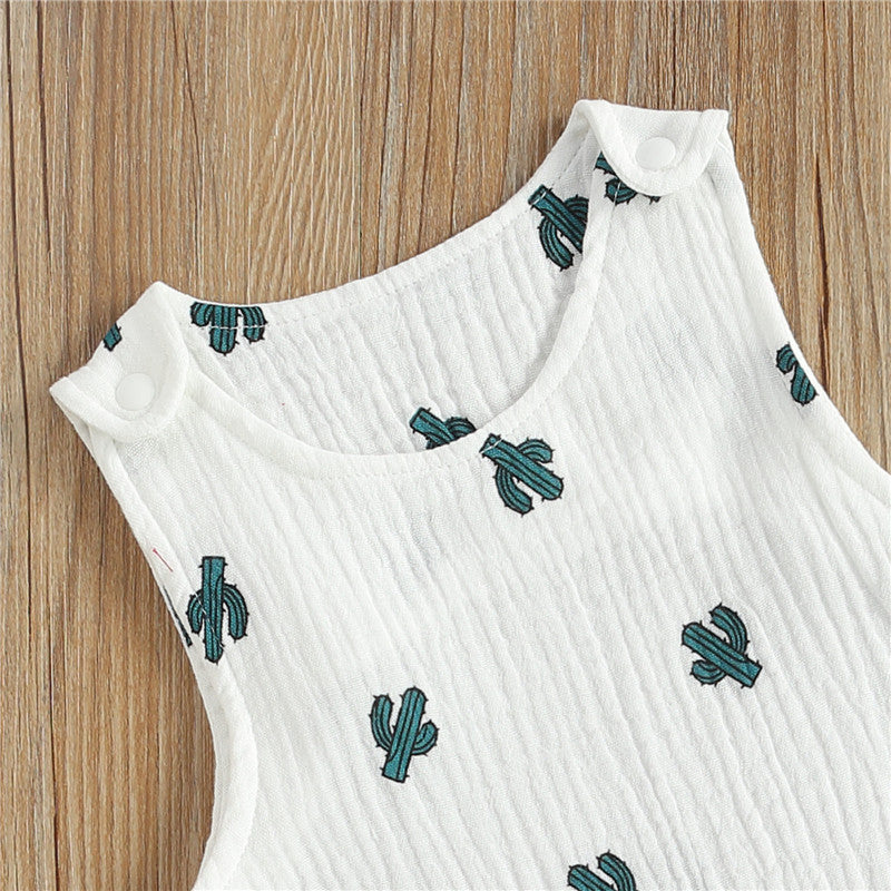 Cactus Print Sleeveless Cotton Linen Baby Romper Outfits