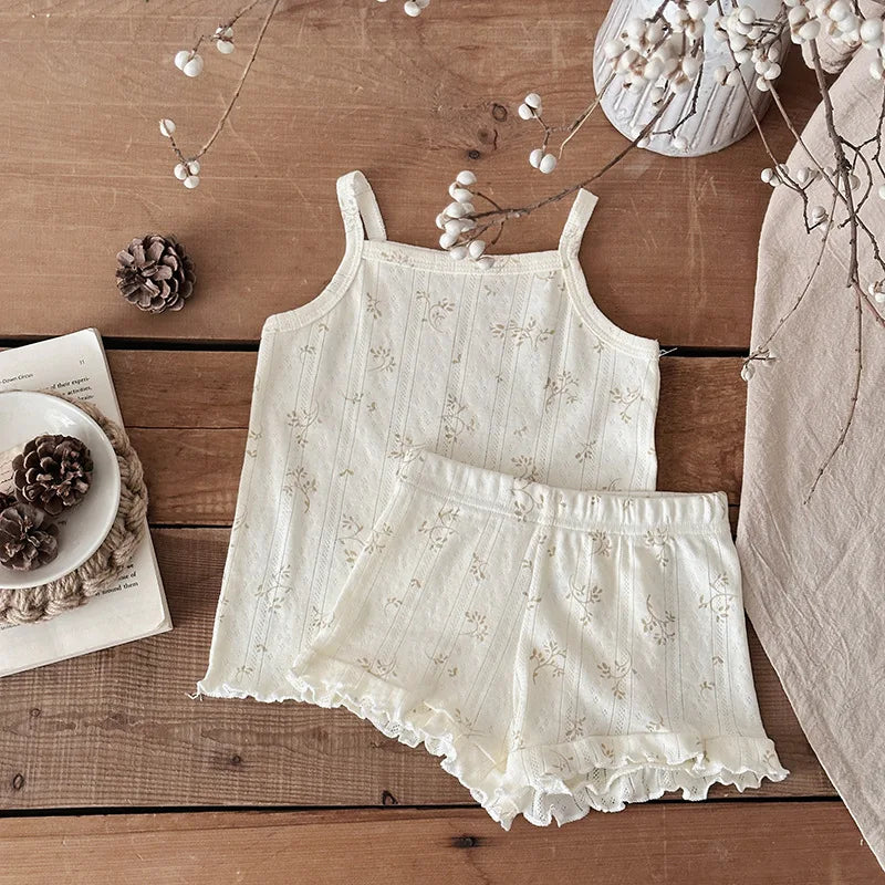 100% Cotton Kids Summer Clothing Sets Baby Girls Summer Korean Ruffled Sleeveless Knitted Suspender Floral 0-4Y Children Outfits