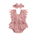 FOMOYUU Infant Baby Girl Lace Romper Boho Clothes Photography Outfits Sleeveless Bow Romper with Headband (Pink 0-3 Months)