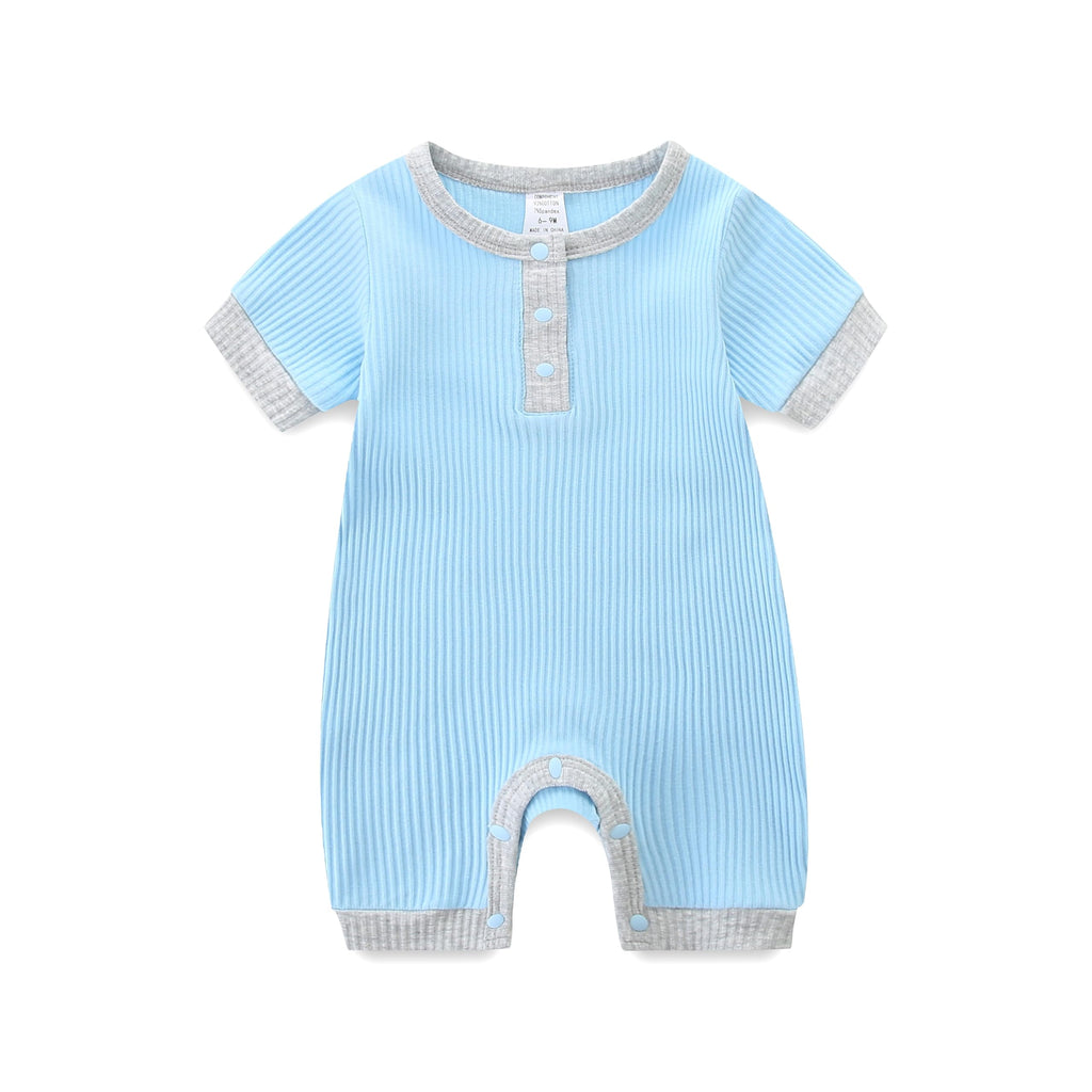 Newborn Knitted One Piece Baby Summer Button Romper Outfits Clothes 9-12 Months Sky Blue with Light Grey