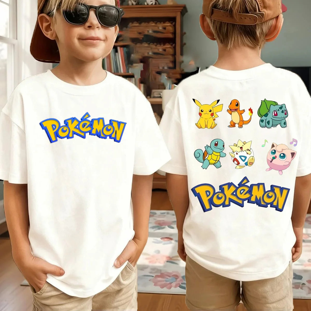 Summer Anime Pokémon Cosplay T-Shirt Cotton Short Sleeve Tops Casual Loose Retro T-Shirt Men Women Kids Family Matching Outfits