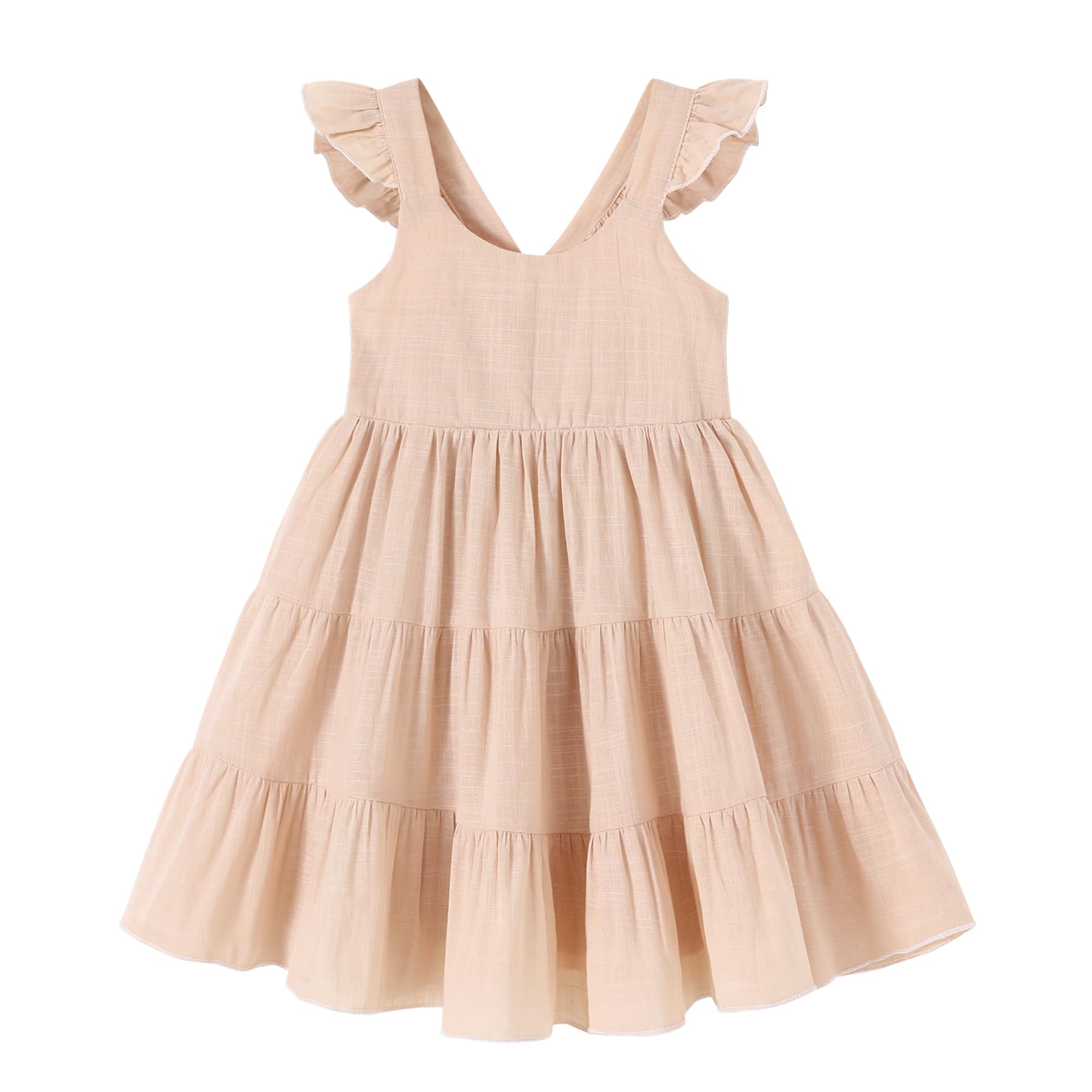 YOUNGER TREE Toddler Baby Girl Dress Summer Outfits Stripe Flutter Sleeve Smocked Dress Kids Causal Boho Dresses Clothes (6-7T Toddler Apricot Dress)