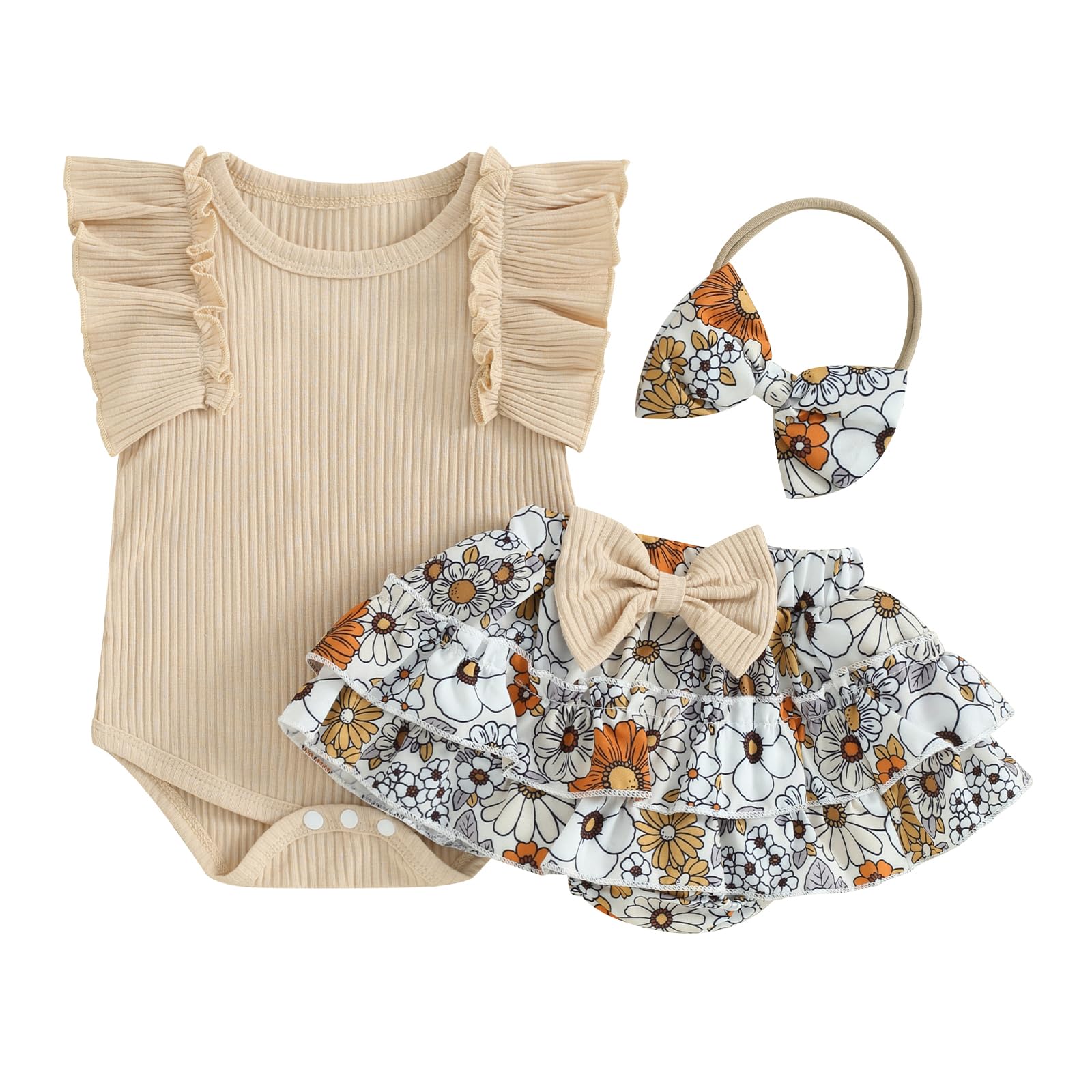 Kupretty Baby Girl Clothes Cute Summer Infant Outfits Ruffle Sleeveless Knit Romper + Floral Bow Bloomers Shorts + Headband (A Khaki 12-18 Months)