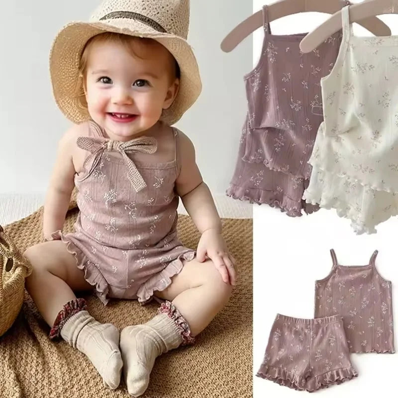 100% Cotton Kids Summer Clothing Sets Baby Girls Summer Korean Ruffled Sleeveless Knitted Suspender Floral 0-4Y Children Outfits