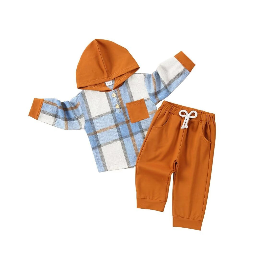 JOIMOCY Baby Boy Fall Clothes Toddler Boys Winter Outfits Long Sleeve Hoodie Plaid Button Tops + Pants Sets Blue Plaid Outfits 2-3T