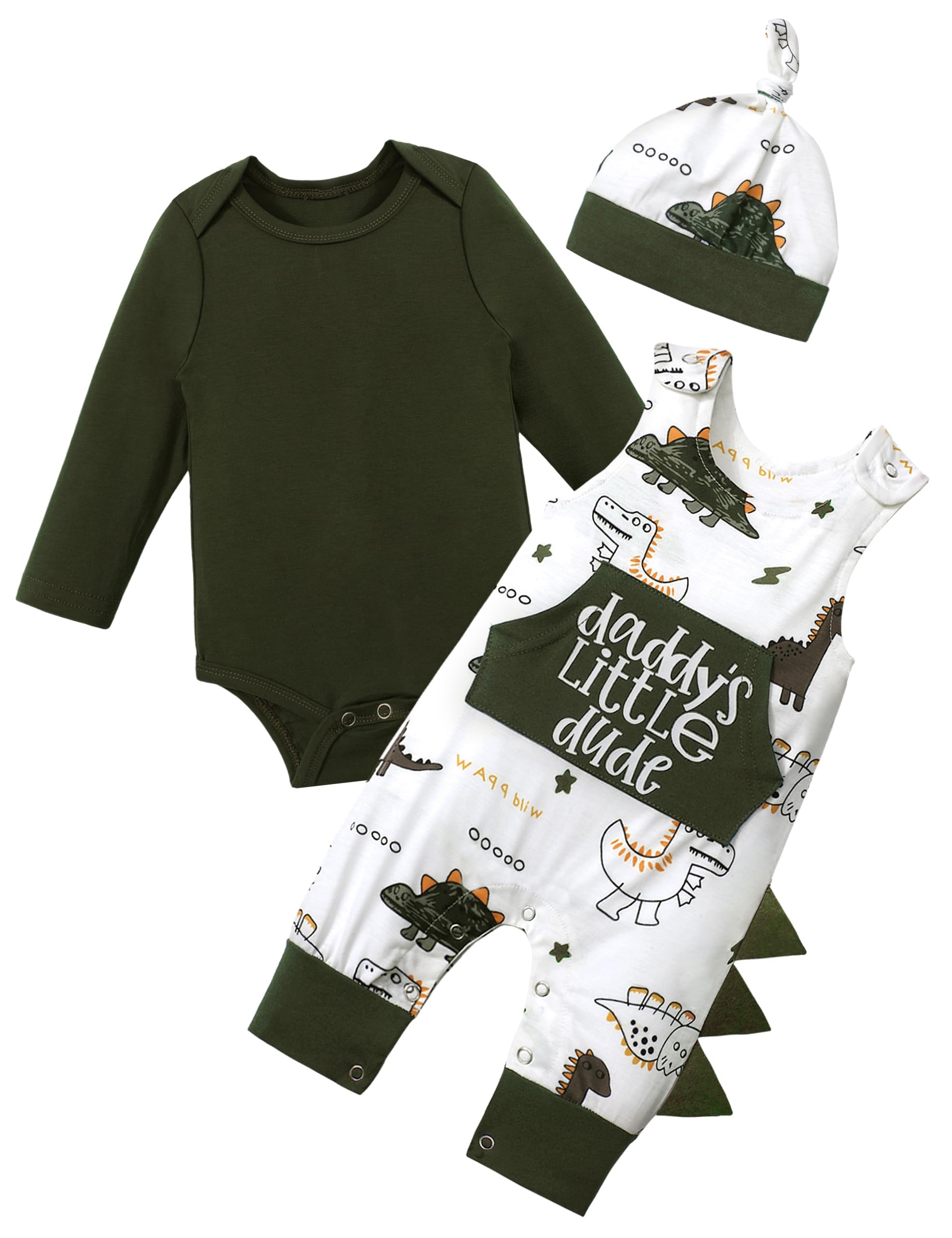 Aulyffo Baby Boy Clothes 3-6 Months Infant Boy Clothes 3Pcs Baby Boy Outfits Long Sleeve Green Baby Boy Romper Dinosaur Clothes Baby Boy Overalls with Hat