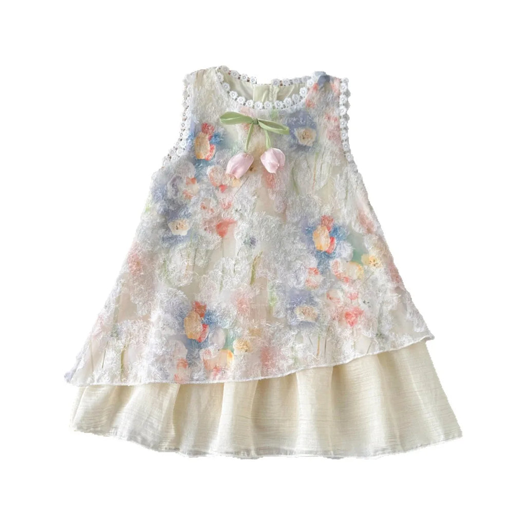 Girls Sleeveless Tulip Print Dress with Bow – Soft Cotton Summer Dress for Ages 3-7, Sweet Princess Outfit Kids Dress