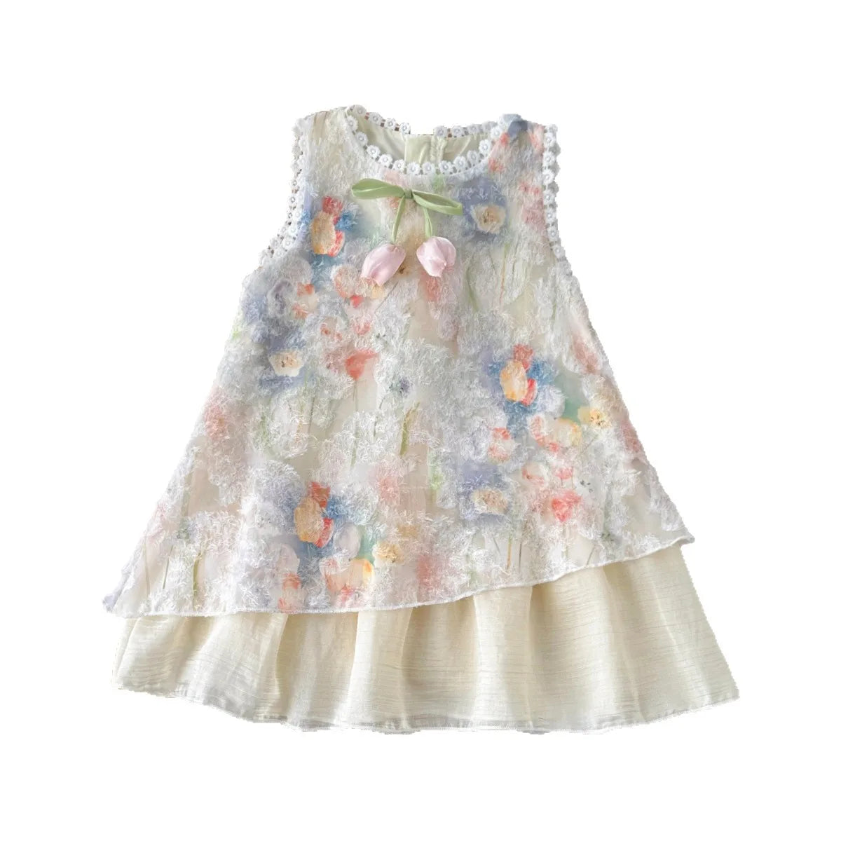 Girls Sleeveless Tulip Print Dress with Bow – Soft Cotton Summer Dress for Ages 3-7, Sweet Princess Outfit Kids Dress