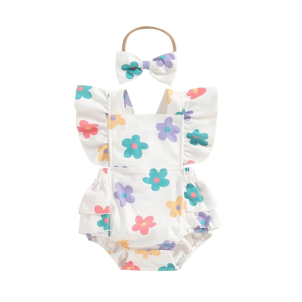 Covvoliy Infant Baby Girl Summer Clothes Outfits Cute Print Fly Sleeve Romper Jumpsuit Bodysuit with Headband (White1 0-3 Months)