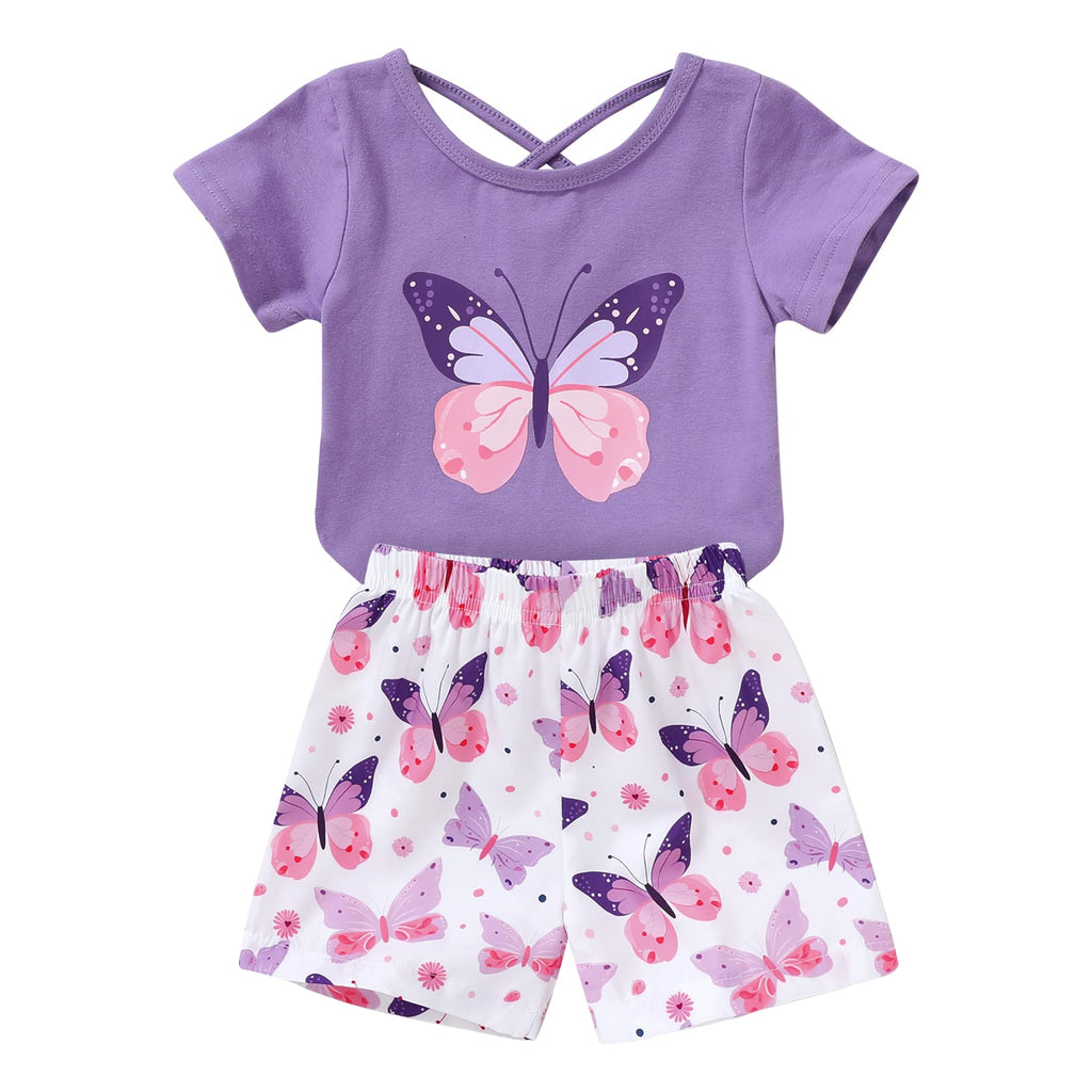 YOUNGER TREE Toddler Baby Girl Summer Clothes Butterfly Print T-shirt Cute Butterfly Short Sets Baby Girls Outfits (Purple+Butterfly 18-24 Months)
