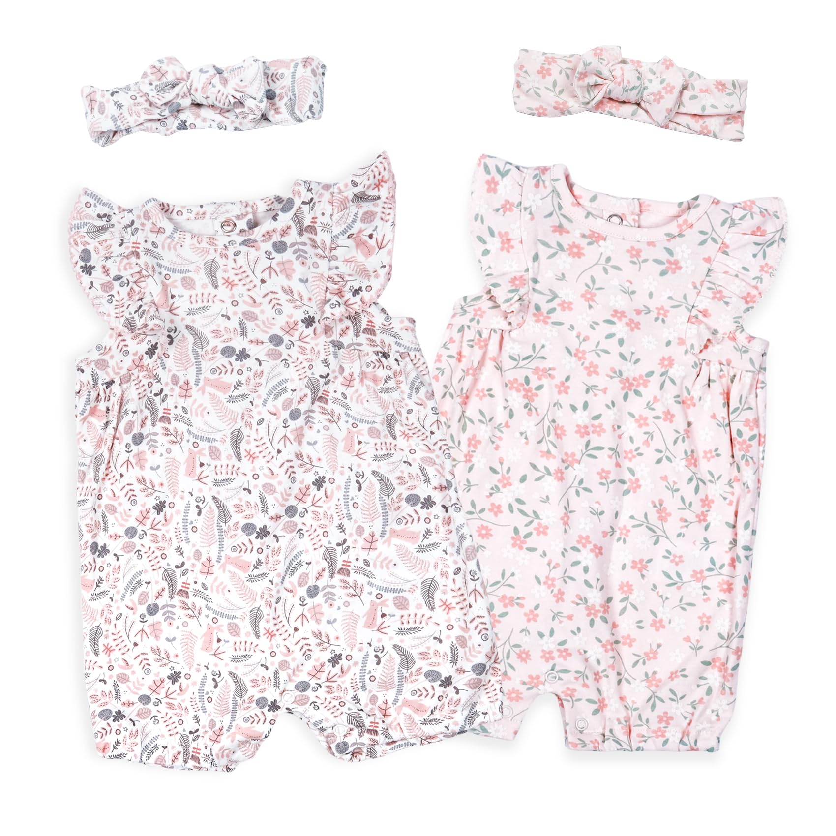 Minicoco Baby Girls Ruffled Sleeve Rompers Toddler Girls Jumpsuits One-Piece Cotton Outfits (Herbs + White and Pink Flowers 18-24 Months)