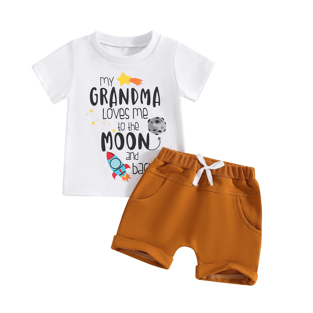 Fernvia Baby Boy Summer Outfits Toddler Funny Letter Short Sleeve T-Shirt Tops Elastic Shorts 2 Piece Clothes Set