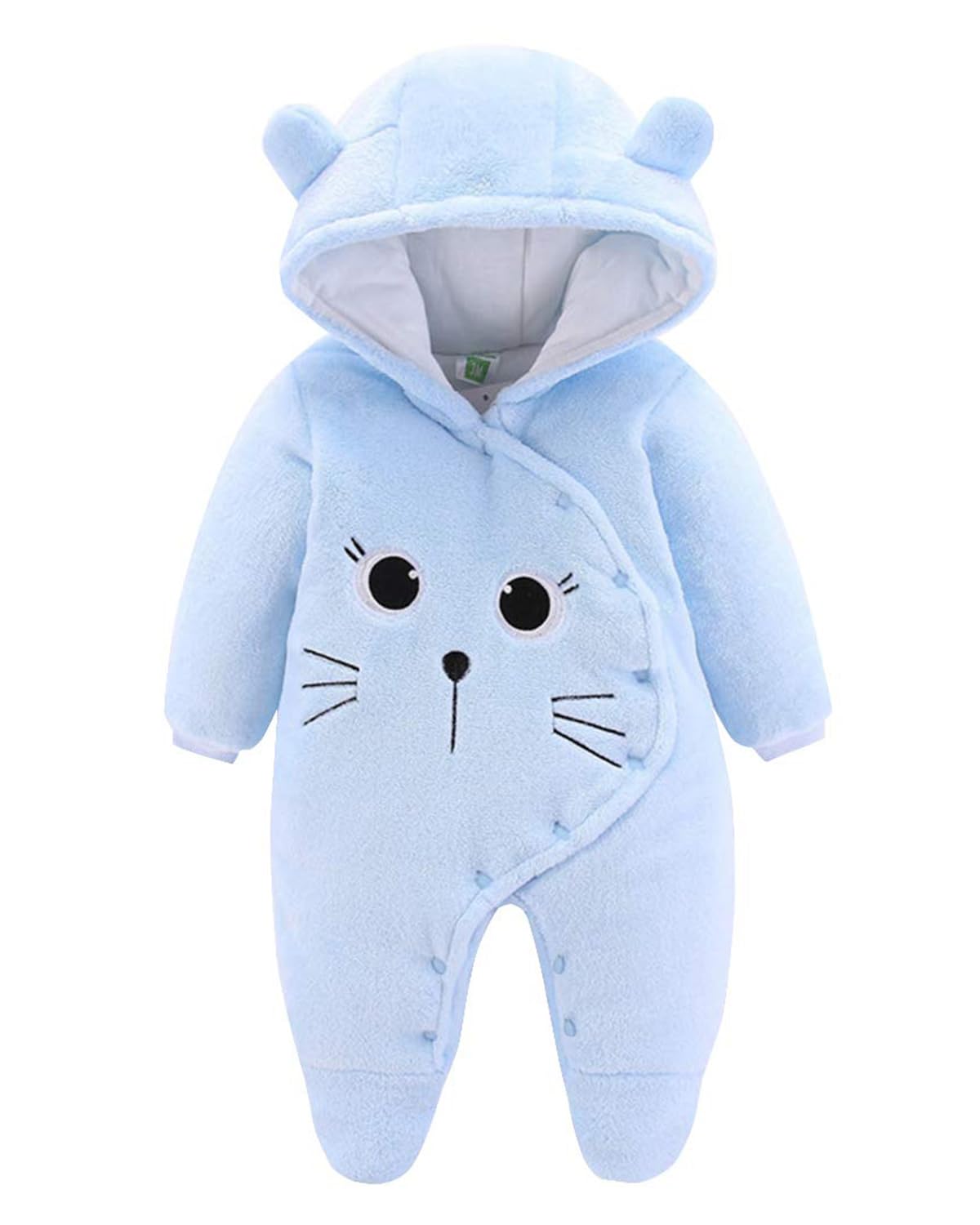 JiAmy Newborn Baby Winter Hooded Romper Fleece Snowsuit Jumpsuit Cartoon Cat Outfits Blue 6-9 Months