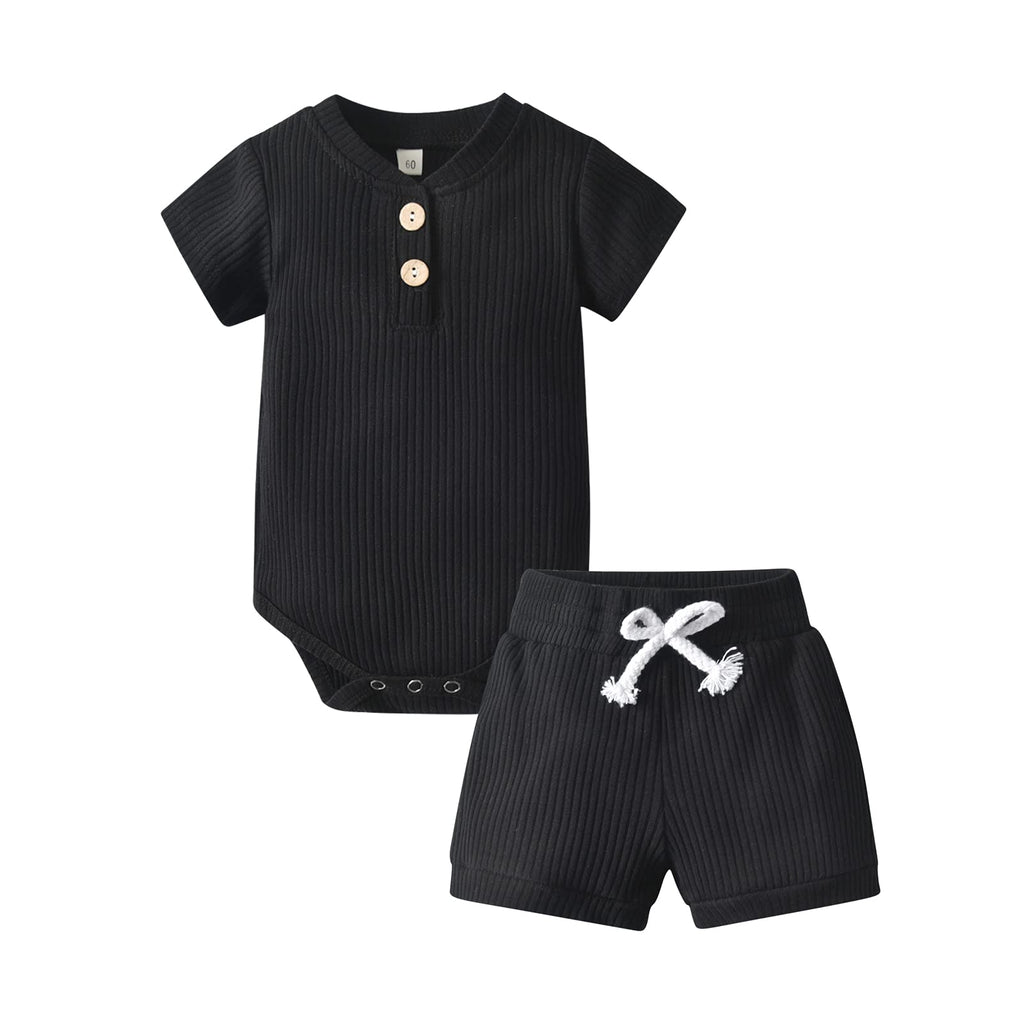 Derouetkia Summer Newborn Baby Boy Girl Clothes Solid Color Ribbed Romper and Shorts Outfits Set (9-12 Months) Black