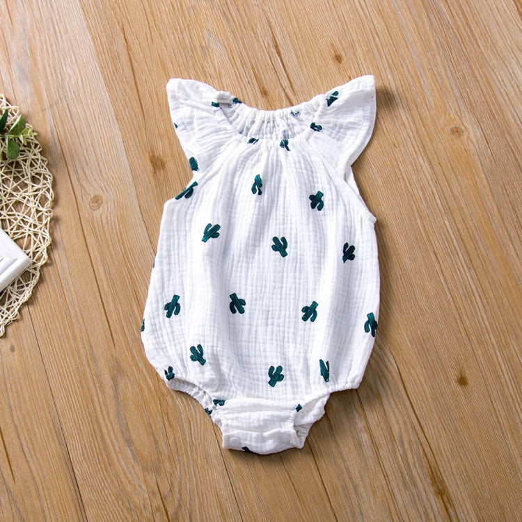 Cactus Print Sleeveless Cotton Linen Baby Romper Outfits