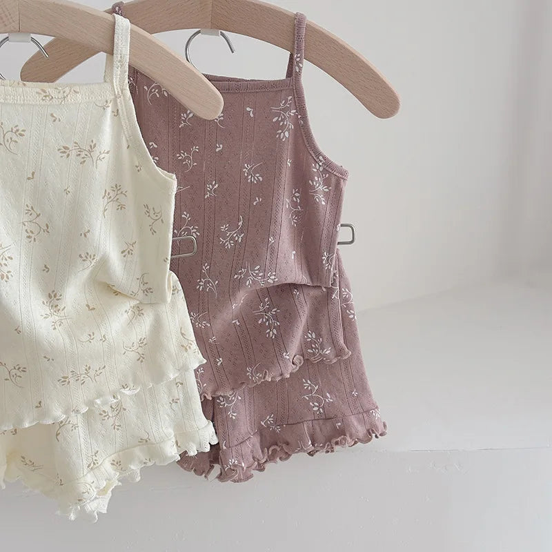 100% Cotton Kids Summer Clothing Sets Baby Girls Summer Korean Ruffled Sleeveless Knitted Suspender Floral 0-4Y Children Outfits