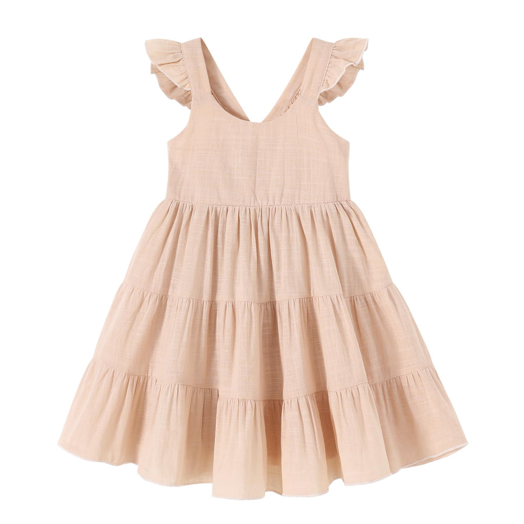 YOUNGER TREE Toddler Baby Girl Dress Summer Outfits Stripe Flutter Sleeve Smocked Dress Kids Causal Boho Dresses Clothes (6-7T Toddler Apricot Dress)