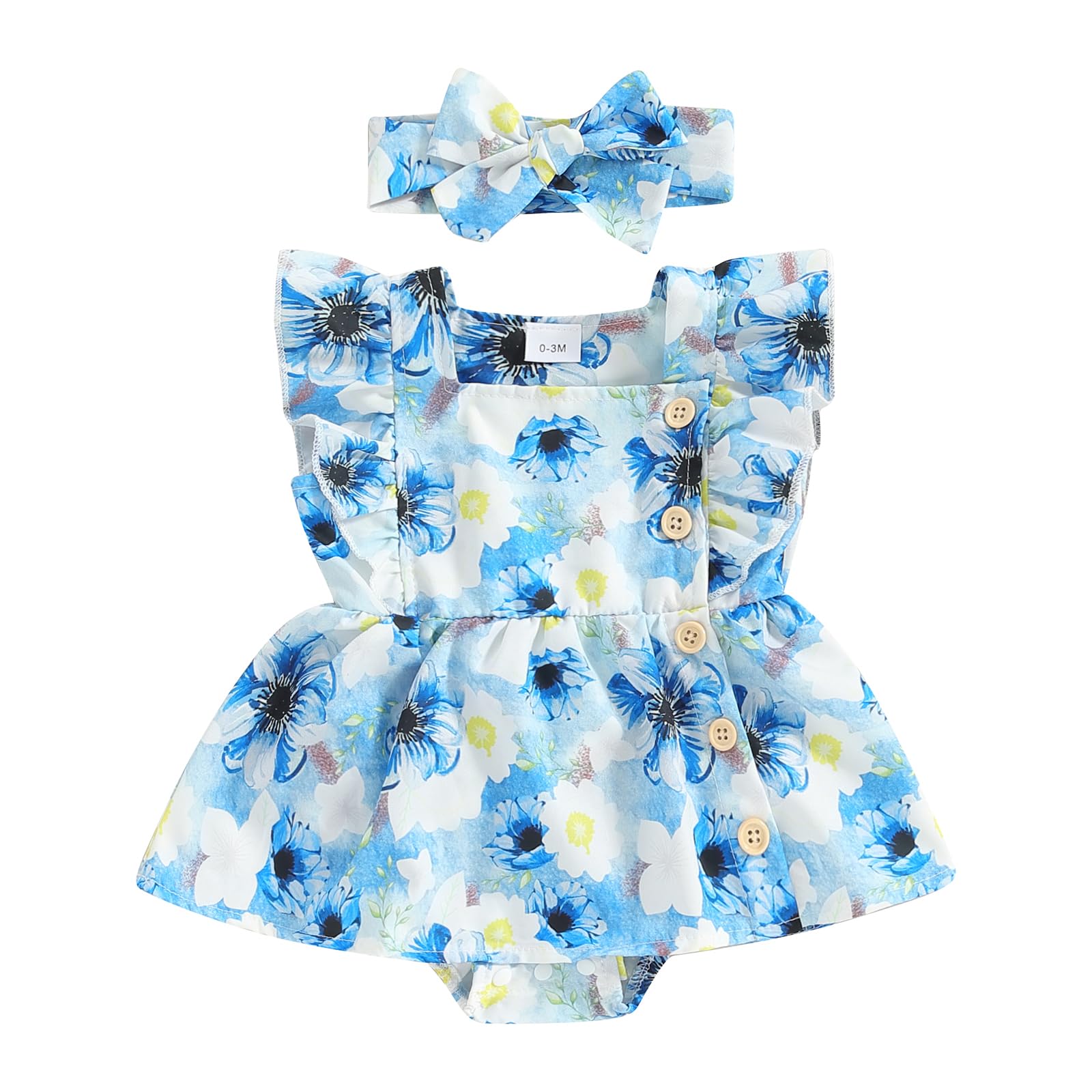 Toddler Baby Girl Summer Clothes Ruffled Sleeves Solid Color Flower Romper Dress Newborn Outfits with Headband (B-Flower #1 0-3 Months)