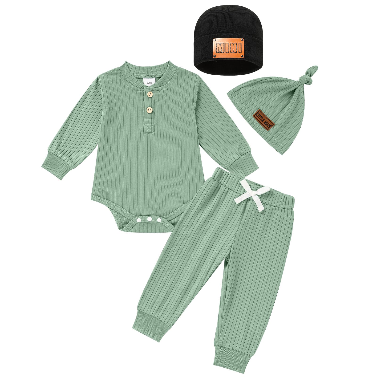 ZOELNIC Baby Clothes Boy 3-6 Months Light Green Baby Cotton Knitted Fall Romper Pants Matching Hats 4pcs Outfits