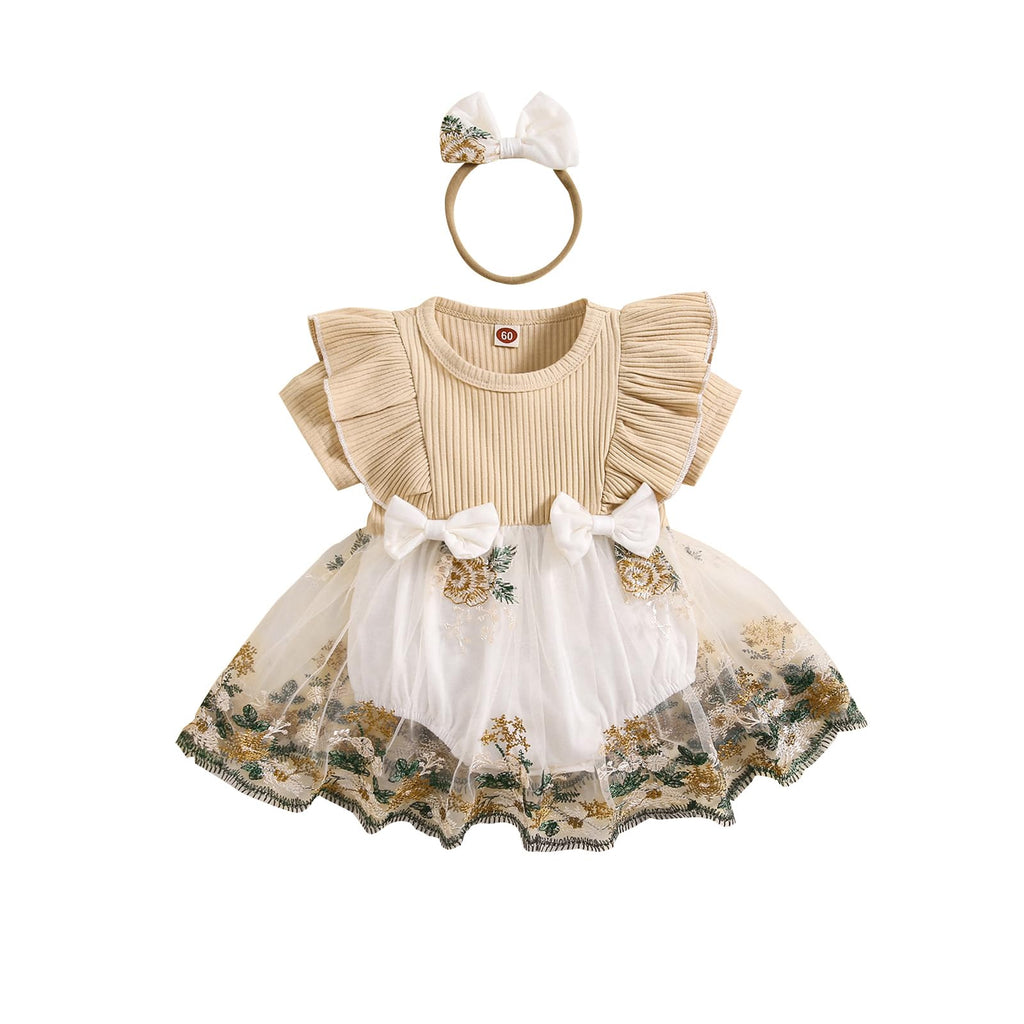 ZAXARRA Newborn Baby Girl Romper Long Sleeve Ruffle Romper Dress Cute Headband 2 Piece Outfits (Apricot 1 0-3 Months)