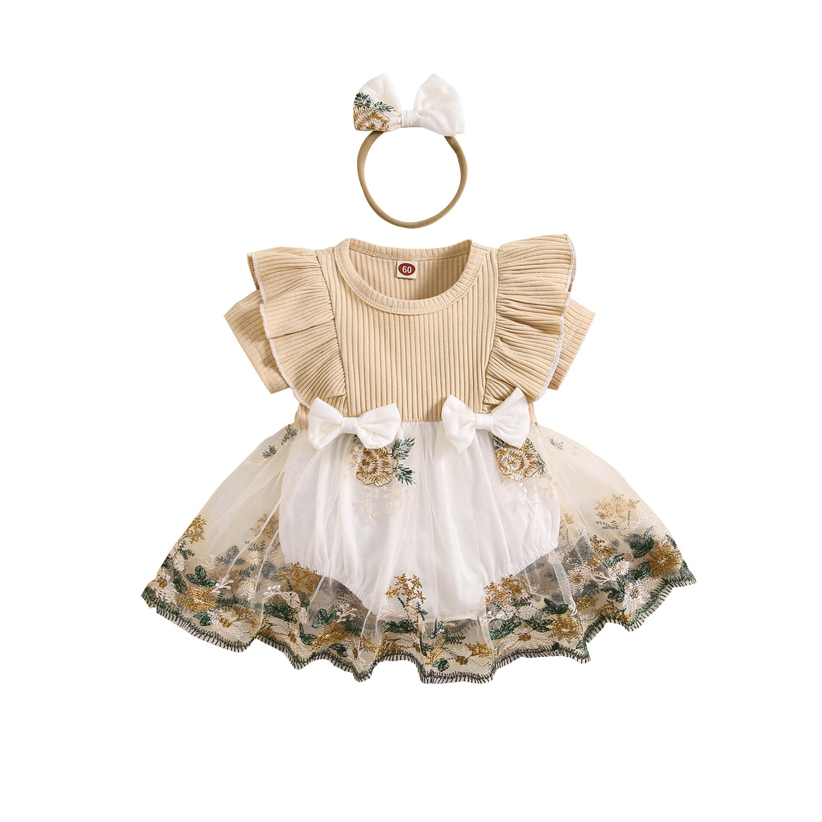 ZAXARRA Newborn Baby Girl Romper Long Sleeve Ruffle Romper Dress Cute Headband 2 Piece Outfits (Apricot 1 0-3 Months)