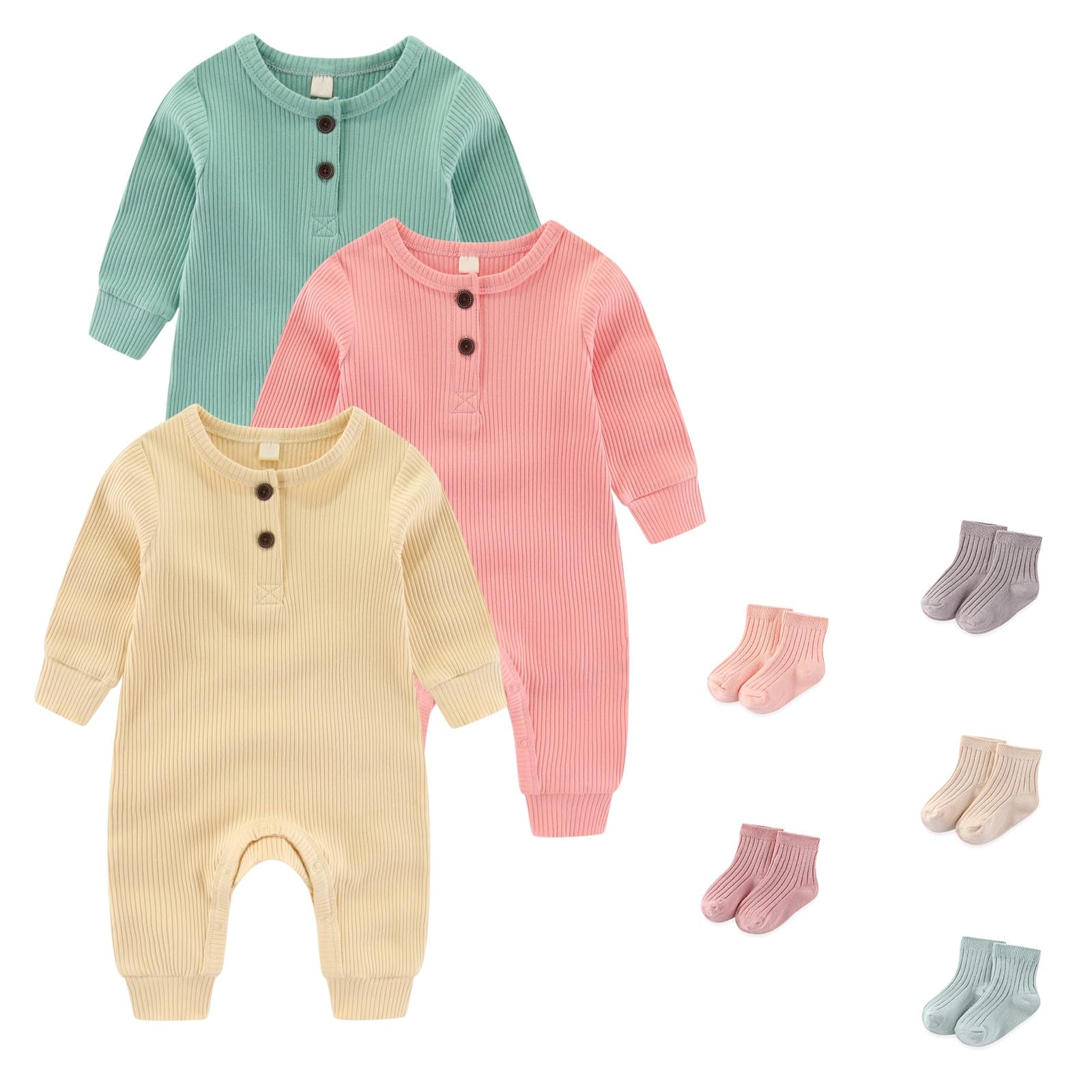 JELYLOVE Unisex Long Sleeve Baby Romper And Sock Solid infant Boy Girl Jumpsuits 0-24Months New Born Outfits