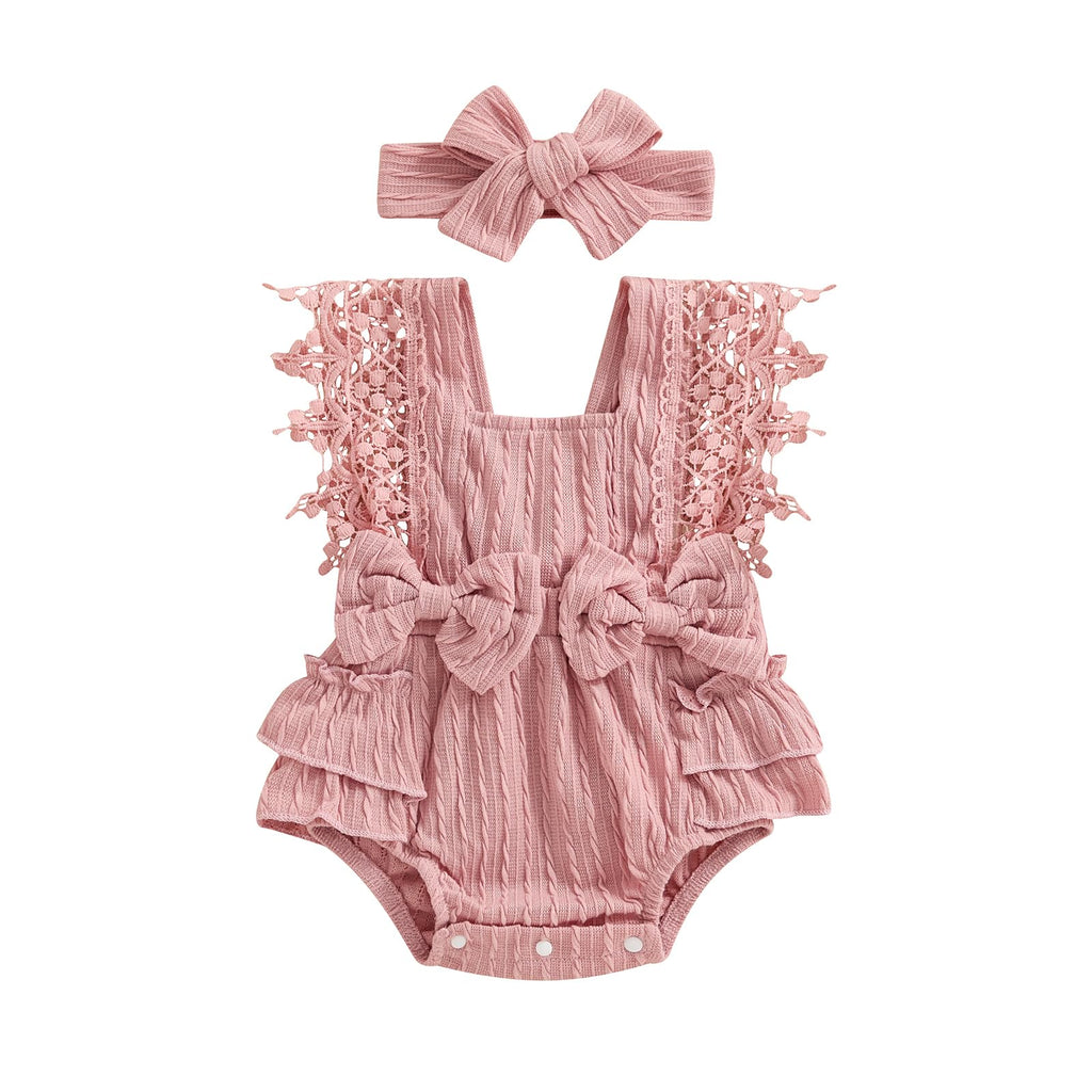 FOMOYUU Infant Baby Girl Lace Romper Boho Clothes Photography Outfits Sleeveless Bow Romper with Headband (Pink 0-3 Months)
