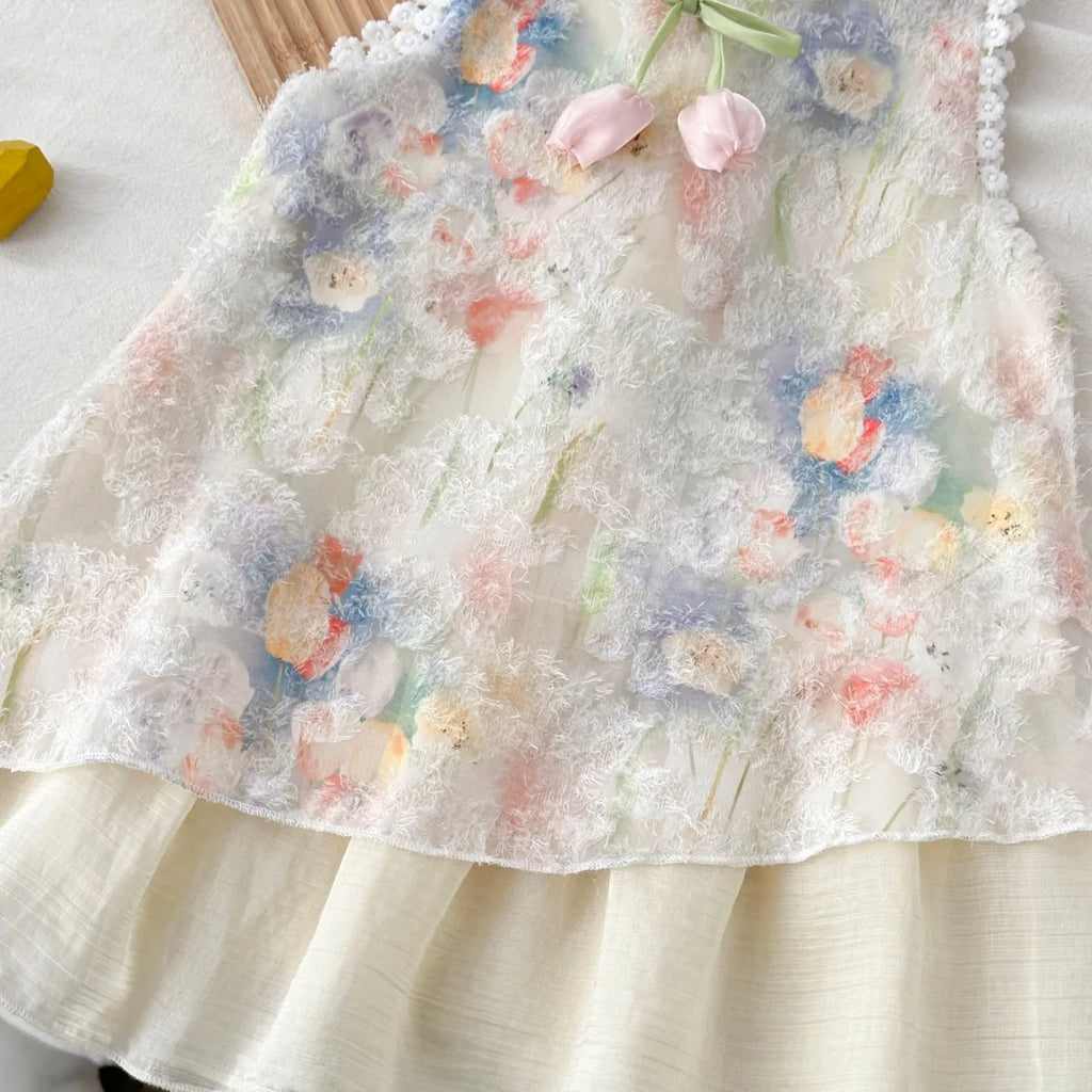 Girls Sleeveless Tulip Print Dress with Bow – Soft Cotton Summer Dress for Ages 3-7, Sweet Princess Outfit Kids Dress