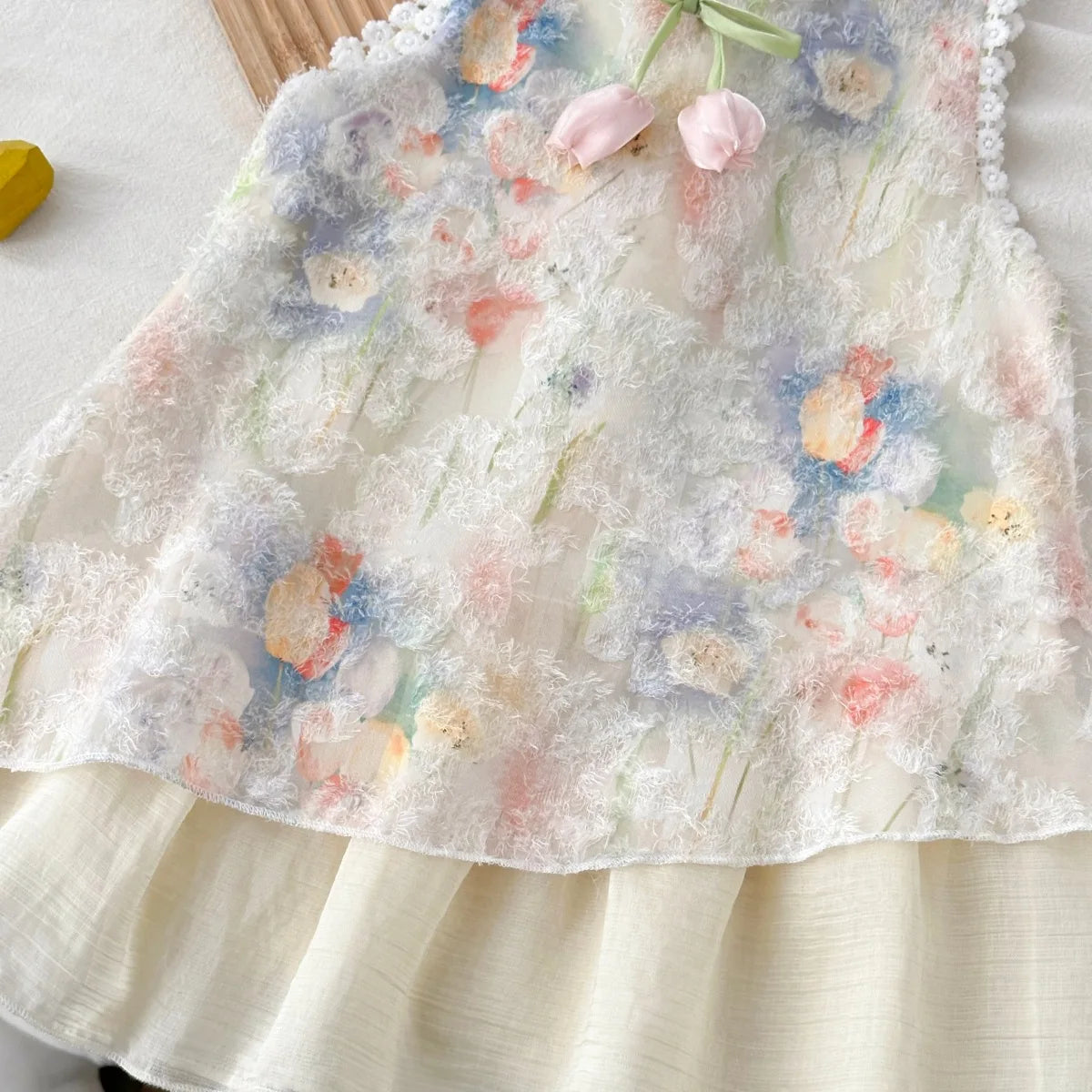 Girls Sleeveless Tulip Print Dress with Bow – Soft Cotton Summer Dress for Ages 3-7, Sweet Princess Outfit Kids Dress