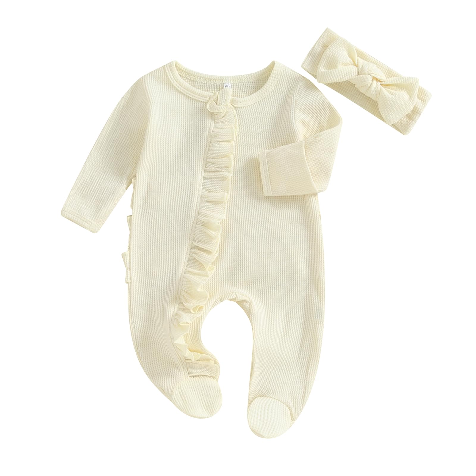 Newborn Baby Girl Coming Home Clothes Long Sleeve Jumpsuit and Headband Infant Fall Winter Outfits (Creamy 3-6 Months)