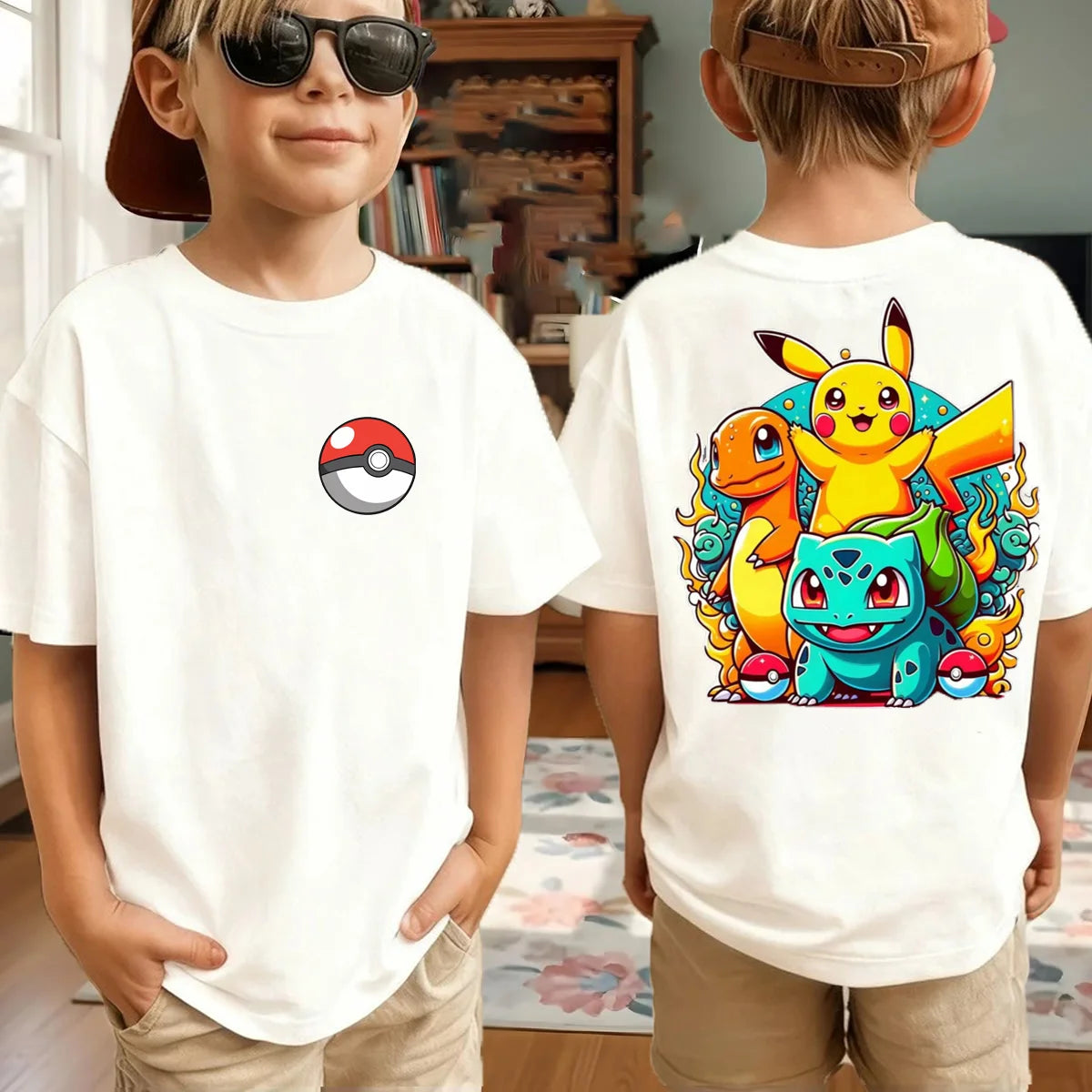 Summer Anime Pokémon Cosplay T-Shirt Cotton Short Sleeve Tops Casual Loose Retro T-Shirt Men Women Kids Family Matching Outfits