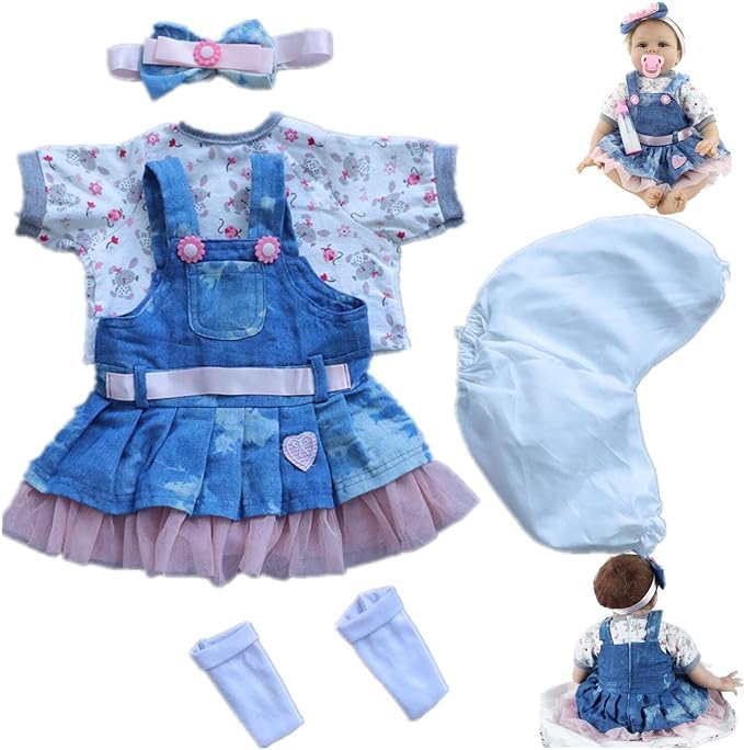 Reborn Baby Dolls Clothes for 17-22 inch Girl Outfits Accesories 【Denim Skirt 5pcs Set 】