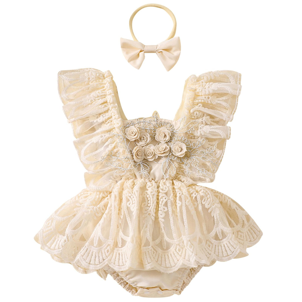 Mubineo Baby Girl Summer Clothes Lace Romper Skirt Dress Princess Outfits Sleeveless Flower Newborn Outfit (Zb Beige Flower 12-18 Months)