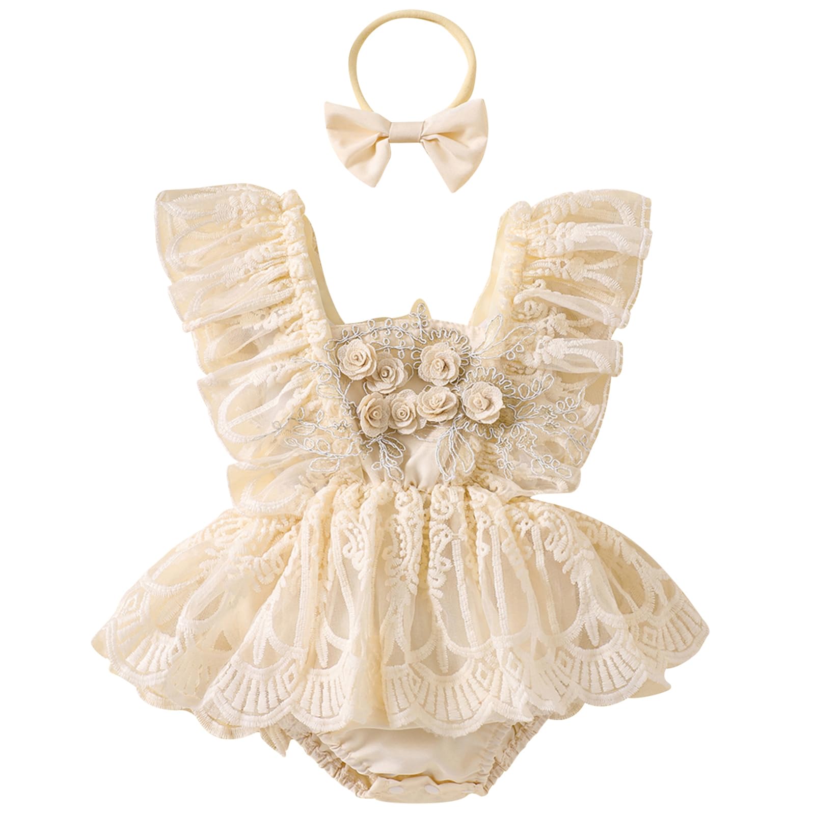 Mubineo Baby Girl Summer Clothes Lace Romper Skirt Dress Princess Outfits Sleeveless Flower Newborn Outfit (Zb Beige Flower 12-18 Months)