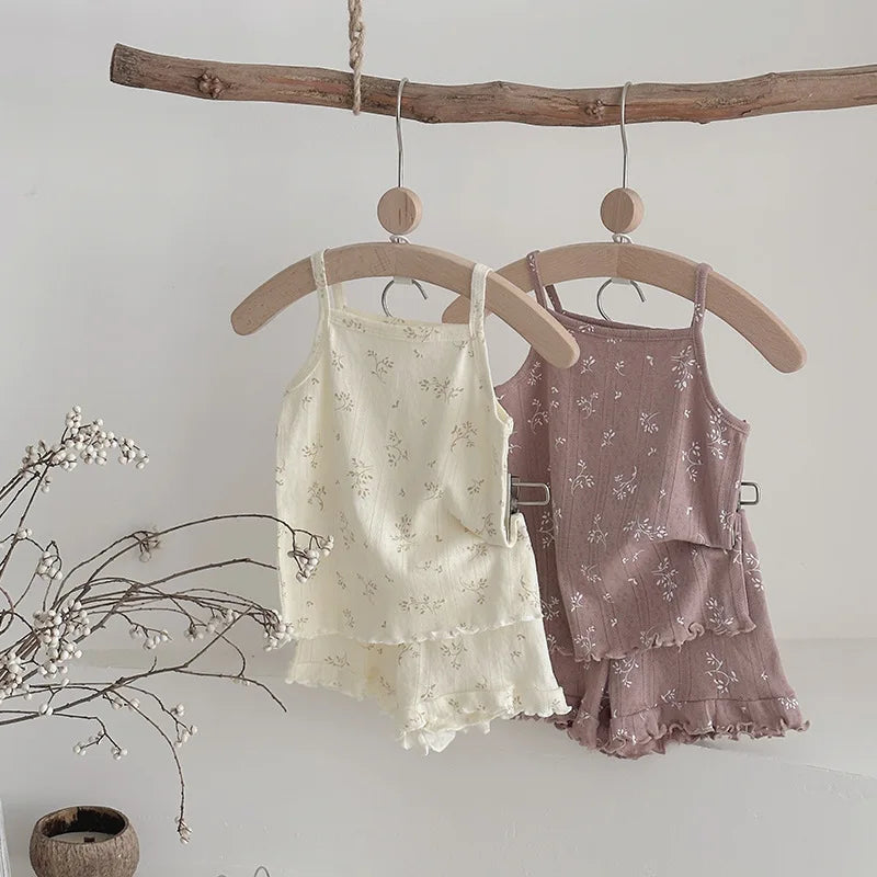 100% Cotton Kids Summer Clothing Sets Baby Girls Summer Korean Ruffled Sleeveless Knitted Suspender Floral 0-4Y Children Outfits