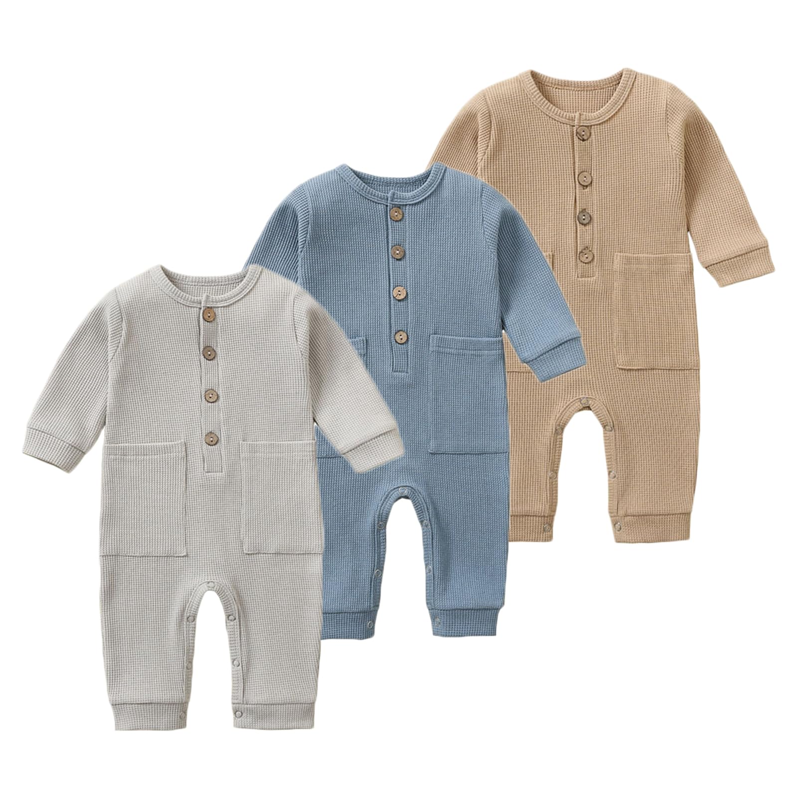 BeiVSlley Newborn Baby Boy Girl 3 Pack Button Solid Romper Infant Long sleeve Knit Cotton Footless Outfits ClothesGray+Khaki+Blue9M-12M