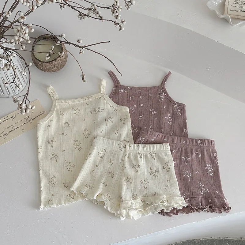 100% Cotton Kids Summer Clothing Sets Baby Girls Summer Korean Ruffled Sleeveless Knitted Suspender Floral 0-4Y Children Outfits