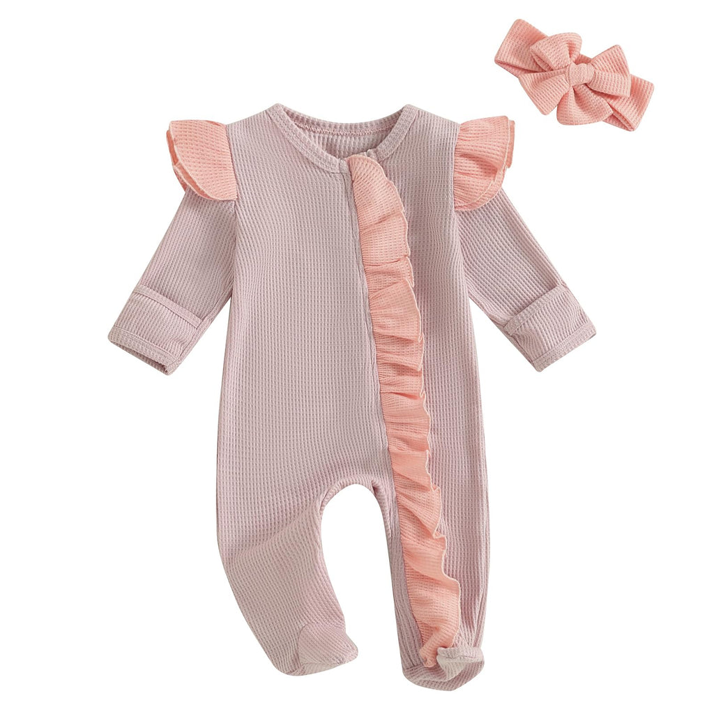 Douhoow Cute Baby Footies Newborn Girl Clothes Waffle Baby Girl Jumpsuit Romper Infant Coming Home Outfits with Headband (Purple Newborn)