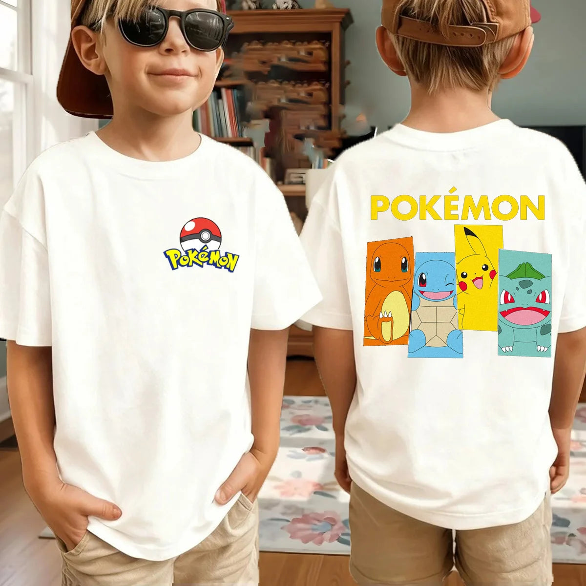 Summer Anime Pokémon Cosplay T-Shirt Cotton Short Sleeve Tops Casual Loose Retro T-Shirt Men Women Kids Family Matching Outfits