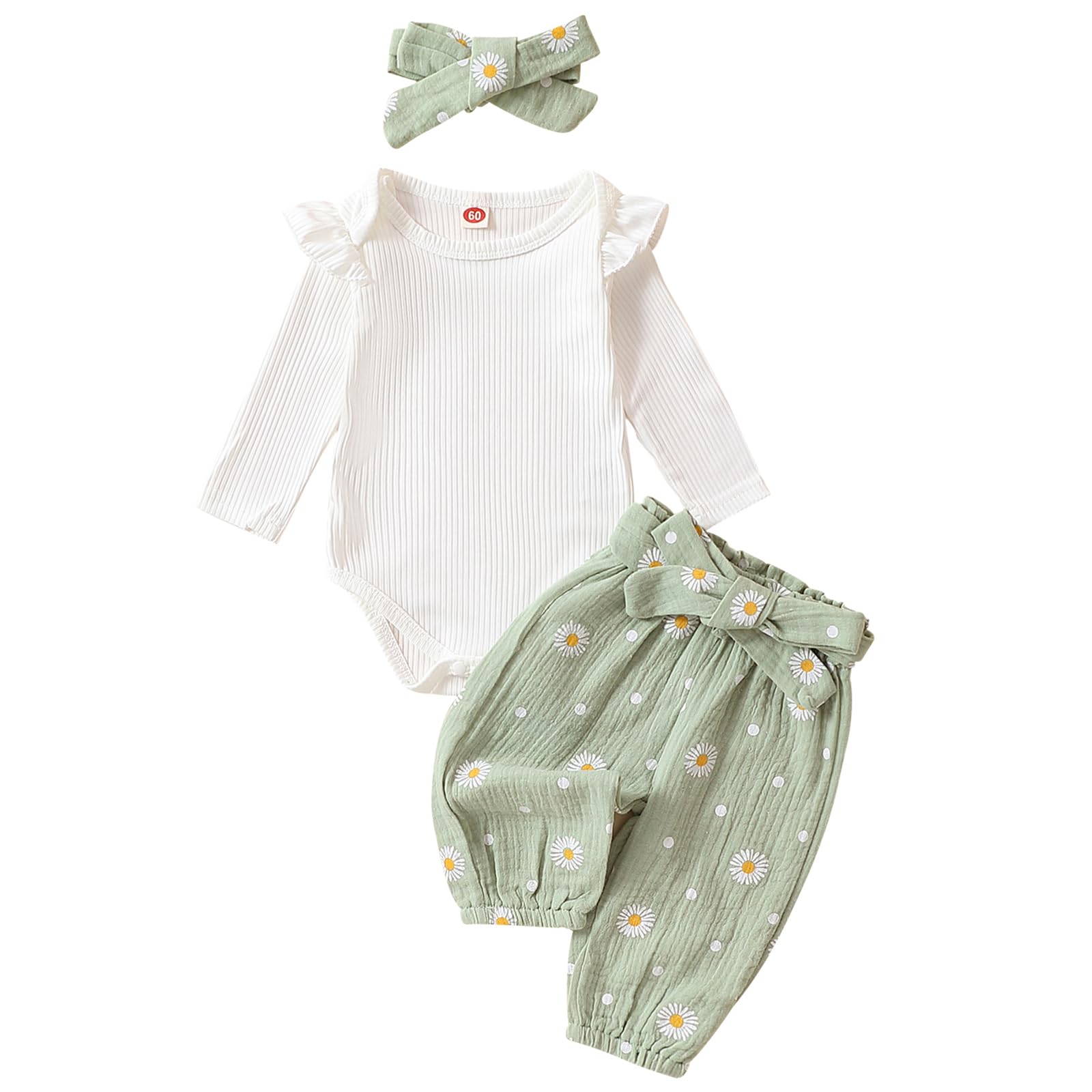 Mubineo Baby Girl Clothes Outfits Cute Flower Romper Daisy Pant Fall Winter Newborn Outfit Sets (White Light Green 12-18 Months)