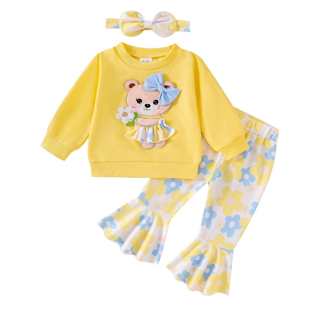 Madjtlqy Toddler Girl Clothes Long Sleeve Crewneck Sweatshirts Flare Pants Headband Cute Infant Baby Fall Winter Outfits (Yellow 2-3T)
