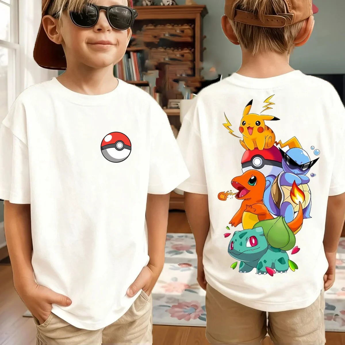 Summer Anime Pokémon Cosplay T-Shirt Cotton Short Sleeve Tops Casual Loose Retro T-Shirt Men Women Kids Family Matching Outfits