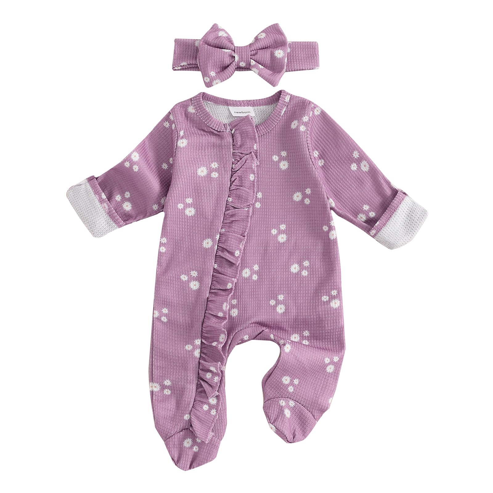 Ursobutegl Newborn Baby Girl Clothes Footie Ruffle Trim Zipper Romper Jumpsuit Bodysuit Headband Coming Home Hospital Outfits (Violet 3-6 Months)