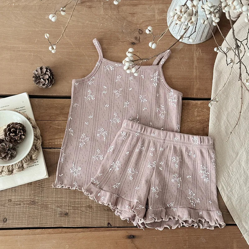 100% Cotton Kids Summer Clothing Sets Baby Girls Summer Korean Ruffled Sleeveless Knitted Suspender Floral 0-4Y Children Outfits